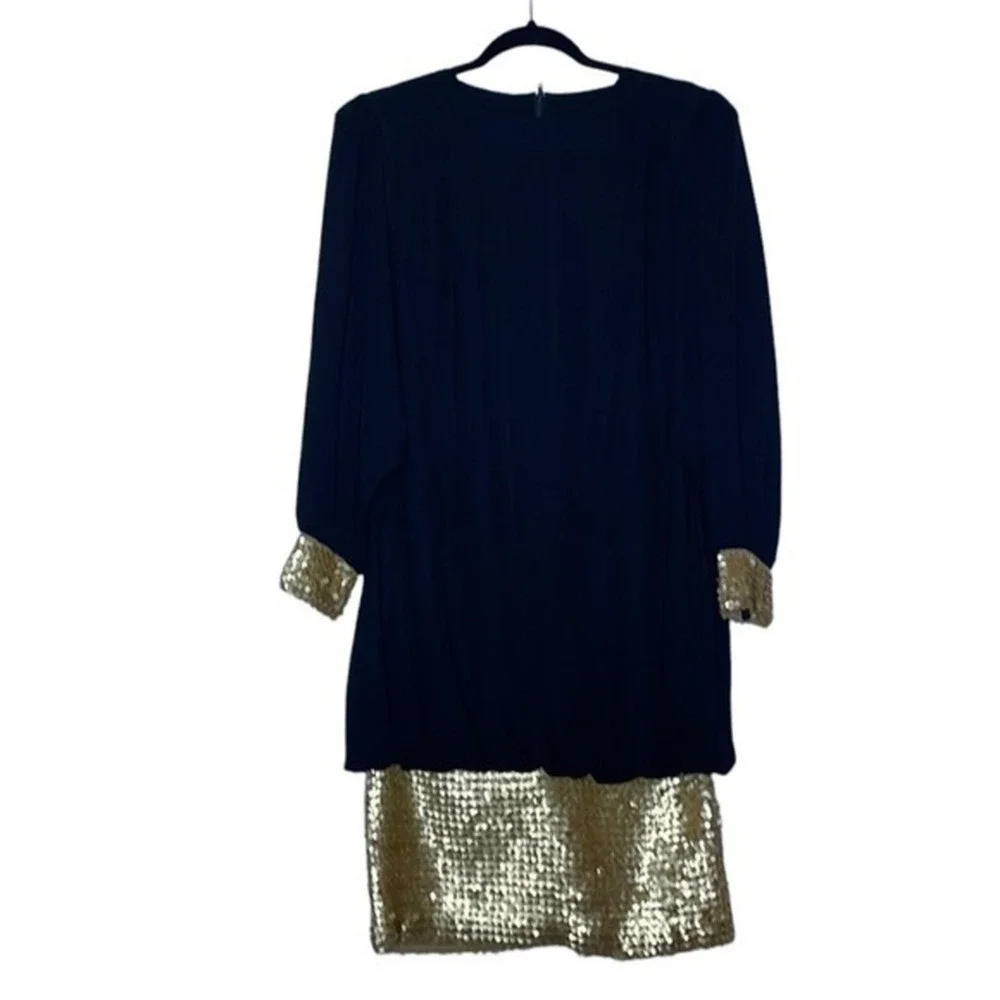 𝅺Vintage Chez California Designed by Tandy Black & Gold Sequined Dress Size 14W